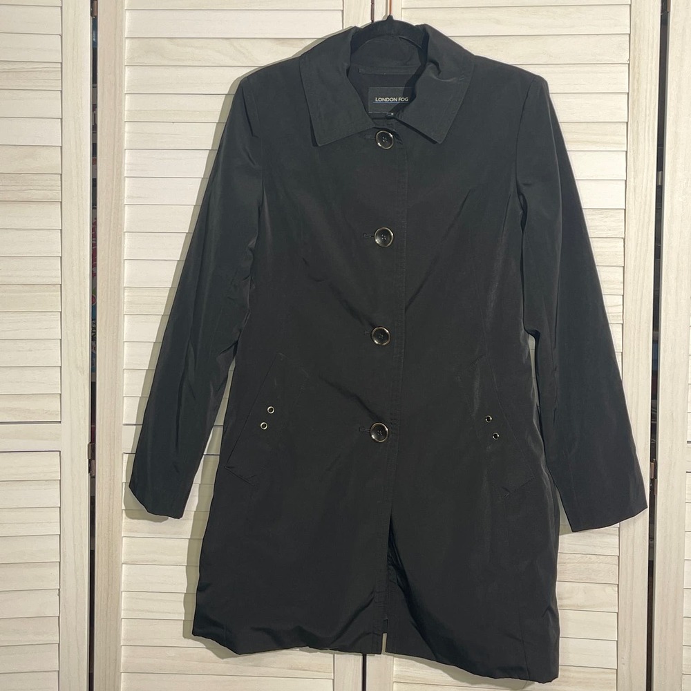 London Fog Black Snap-Front Mid Length Classic Raincoat Pockets Size